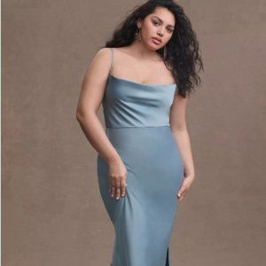 BHLDN Cali Satin Cowl-Neck Midi Slip Dress Dusty Blue Size 16
